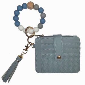 Blue Beaded Keychain Bracelet & Woven Wallet Combo